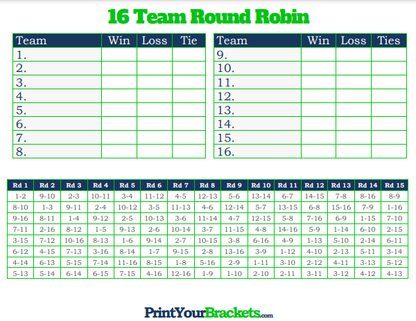 16 Player Round Robin Tournament Schedule with Column for Ties