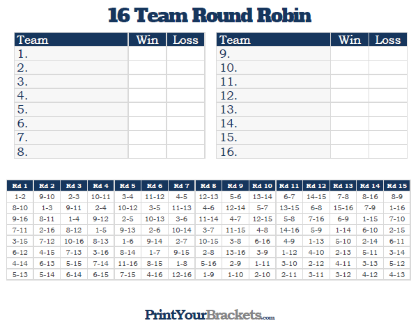 printable 16 Team Round Robin Tournament Bracket
