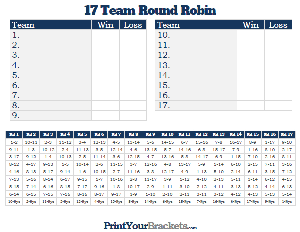Printable 17 Team Round Robin Tournament Bracket