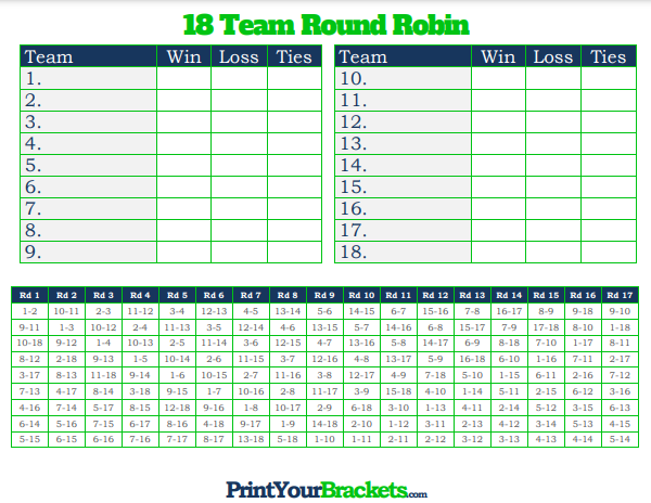 18 Player Round Robin Tournament Schedule with Column for Ties