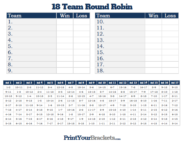 Printable 18 Team Round Robin Tournament Bracket