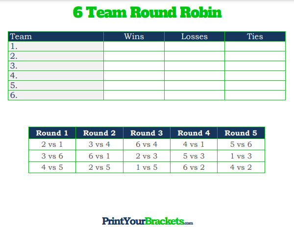 6 Player Round Robin Tournament Schedule with Column for Ties