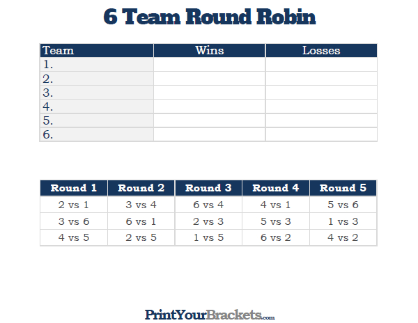 Printable 6 Team Round Robin Tournament Bracket