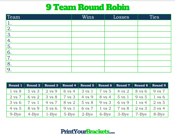 9 Player Round Robin Tournament Schedule with Column for Ties