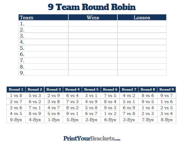 Printable 9 Team Round Robin Tournament Bracket