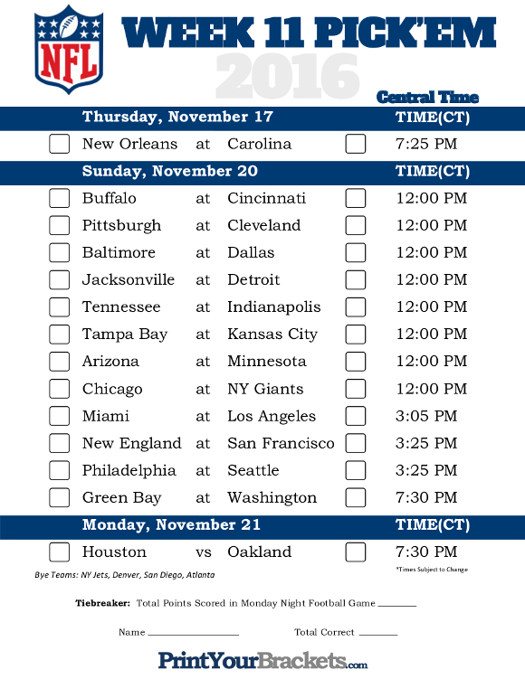 Central Time Week 11 NFL Schedule 2016 Printable