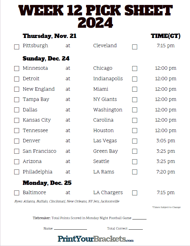 Week 12 NFL Schedule in Central Time Zone