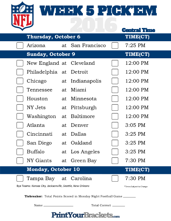 Central Time Week 5 NFL Schedule 2016 Printable