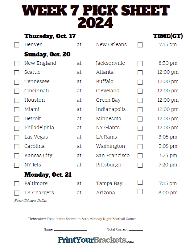 Week 7 NFL Schedule in Central Time Zone