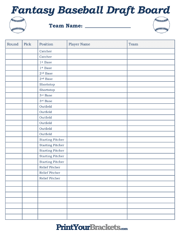 Printable Fantasy Baseball Draft Board Roster Sheet
