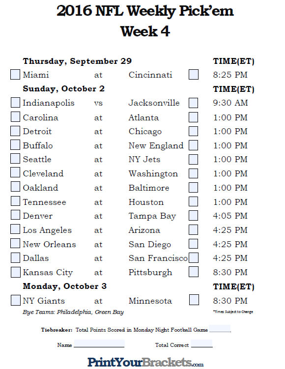 Fillable Week 4 NFL Pick em Sheet 2016