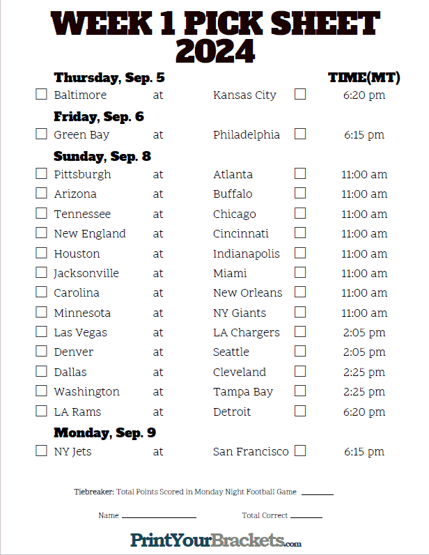 Week 1 NFL Schedule in Mountain Time Zone