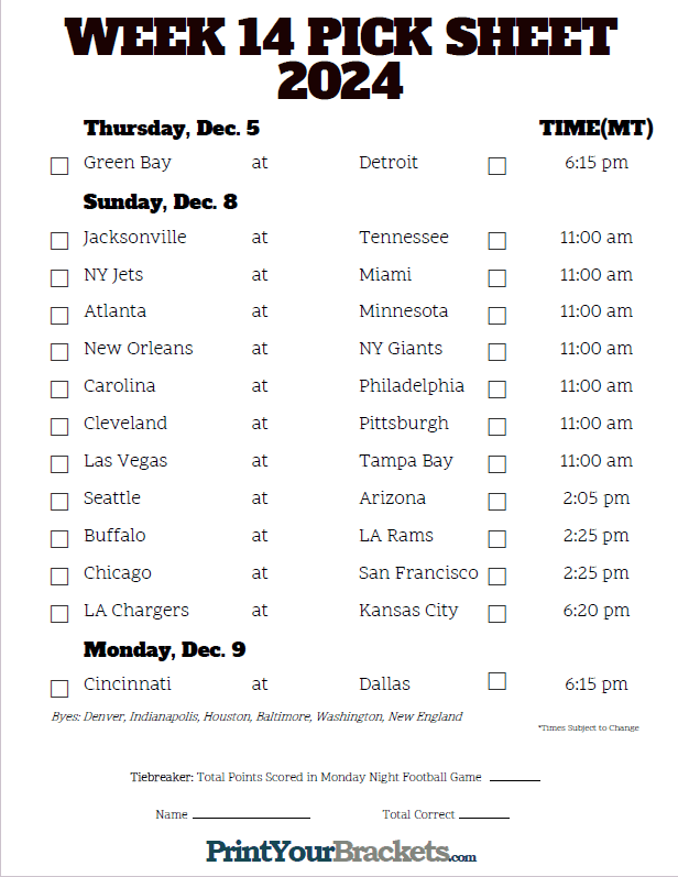 Week 14 NFL Schedule in Mountain Time Zone