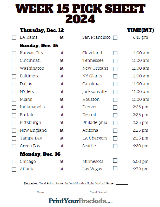 Week 15 NFL Schedule in Mountain Time Zone