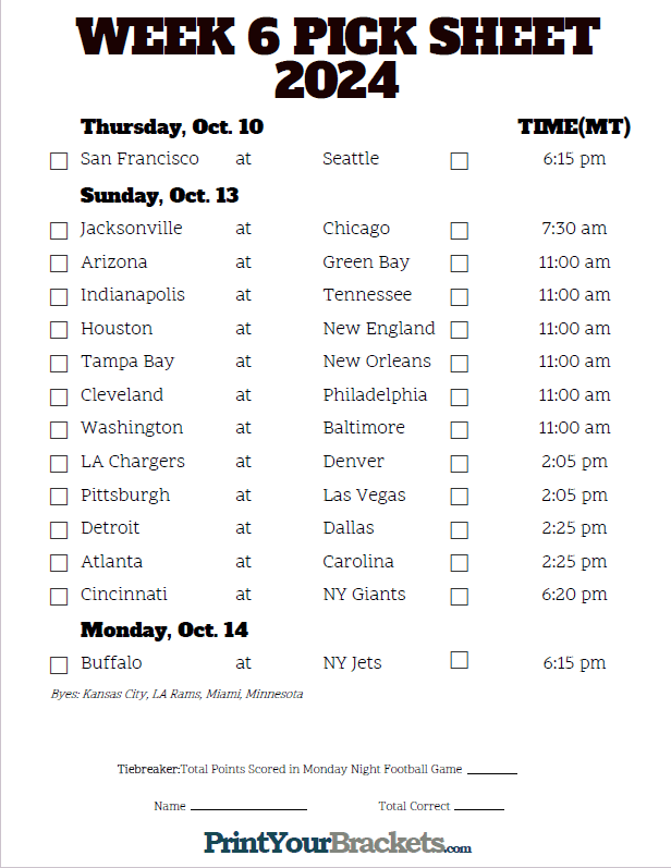 Week 6 NFL Schedule in Mountain Time Zone