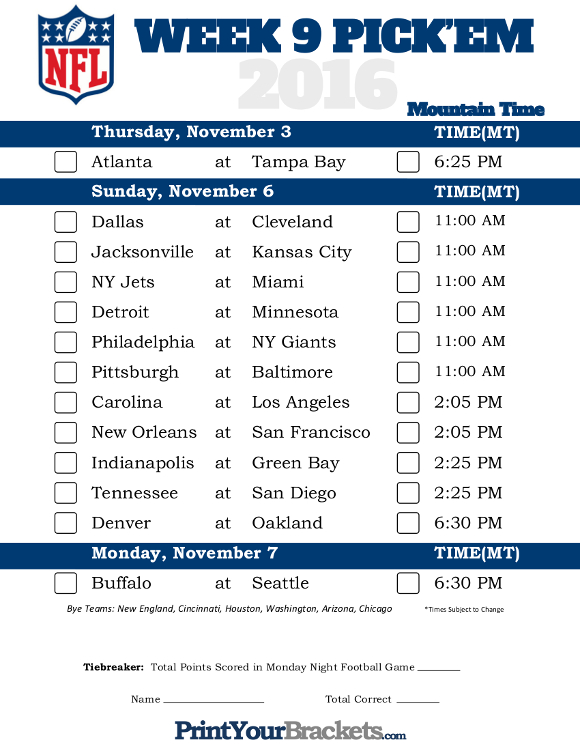 Mountain Time Week 9 NFL Schedule 2016 Printable
