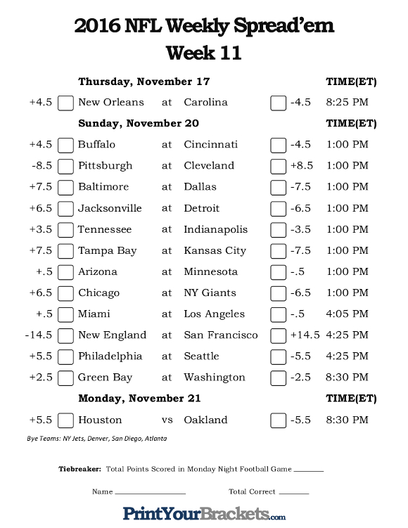 NFL Week 11 Pick &rsquo;em Against the Spread Sheets - Printable