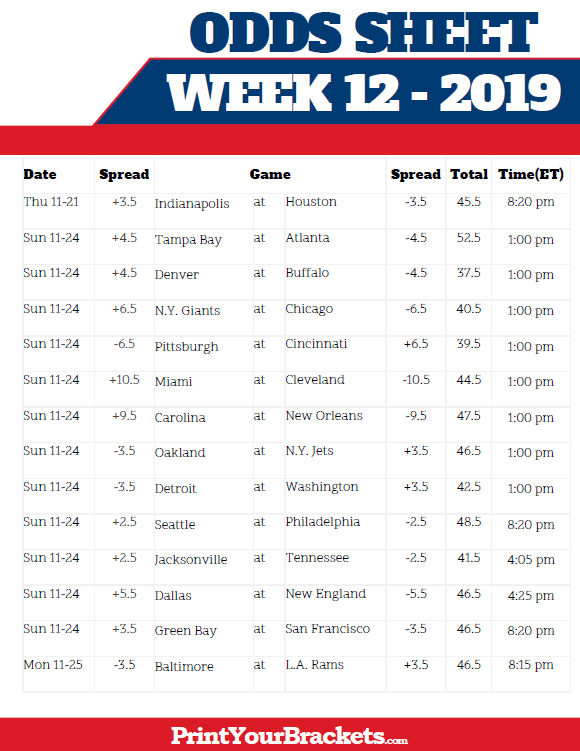Printable NFL Week 12 Lines and Odds Sheet