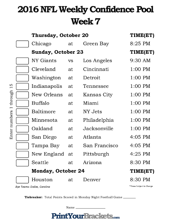 NFL Week 7 Confidence Pool Sheet Printable