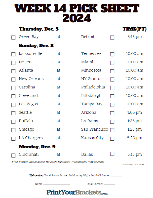 Week 14 NFL Schedule in Pacific Time Zone