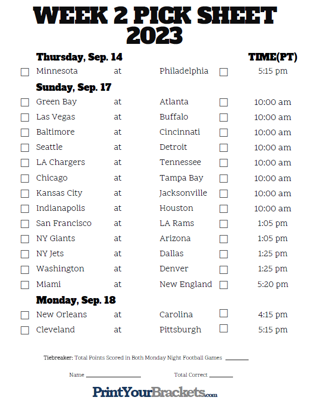 Week 2 NFL Schedule in Pacific Time Zone
