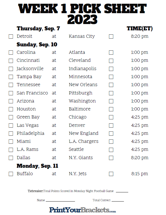 Printable Week 1 NFL Schedule Pick Em Sheets