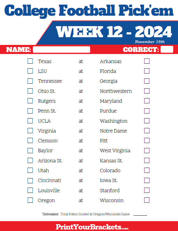 Printable College Football Week 12 Pick 'em Sheets