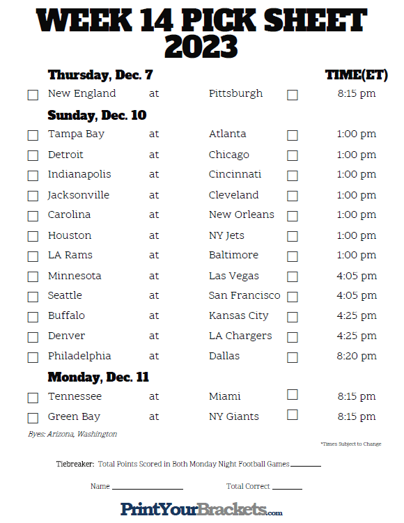 Printable Week 14 NFL Schedule Pick Em Sheets