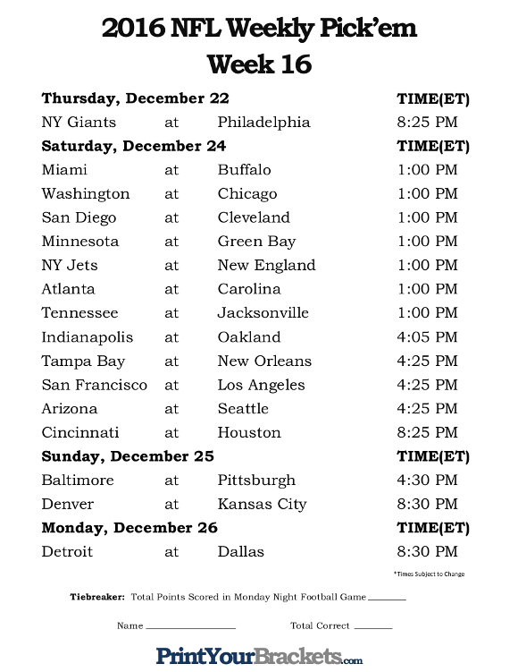 Printable NFL Week 16 Schedule Pick em Office Pool 2016