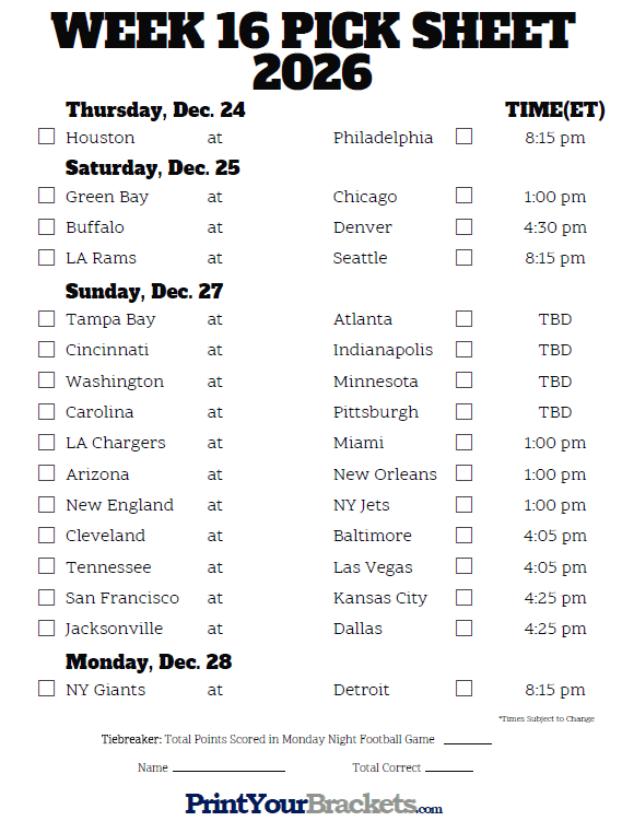 Printable NFL Week 16 Schedule Pick Em Pool 2018