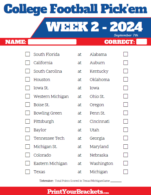 Printable College Football Week 2 Pick 'em Sheets