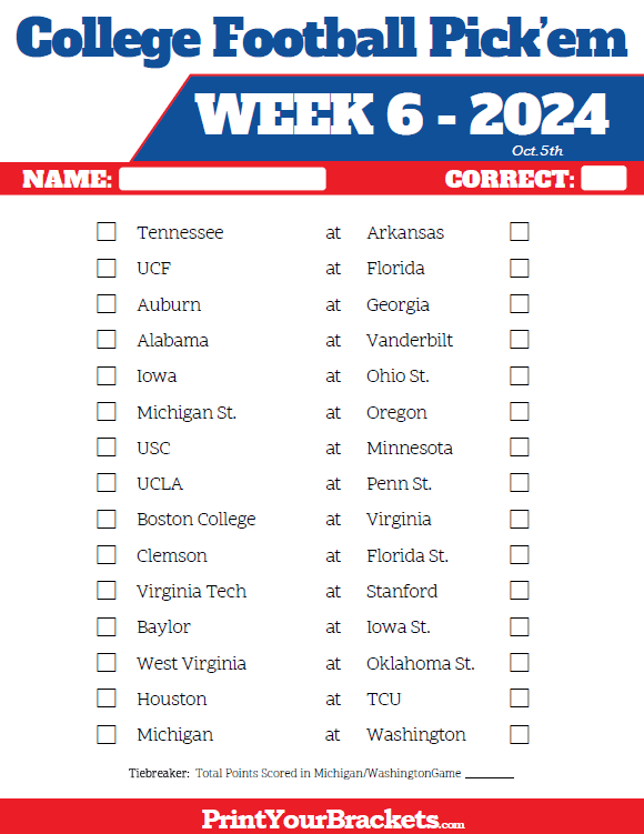 Printable College Football Week 6 Pick 'em Sheets
