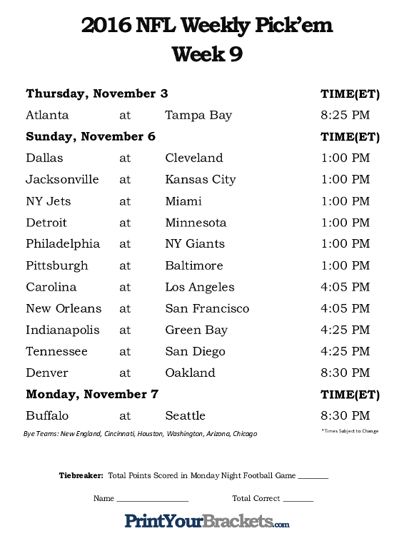 Printable NFL Week 9 Schedule Pick em Office Pool 2016