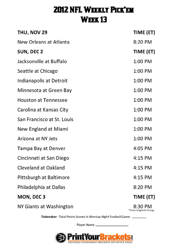 Printable Week 13 NFL Schedule Office Pool