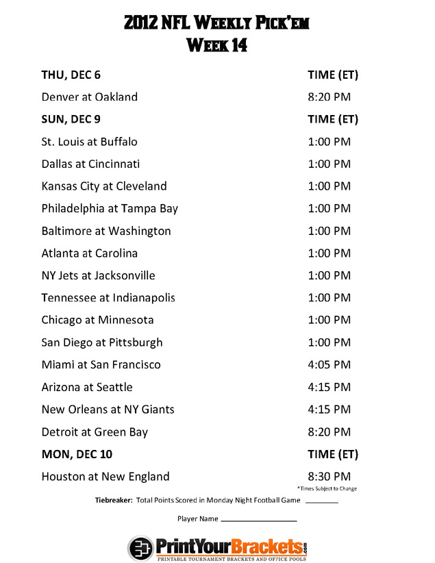 Printable NFL Week 14 Schedule Office Pool