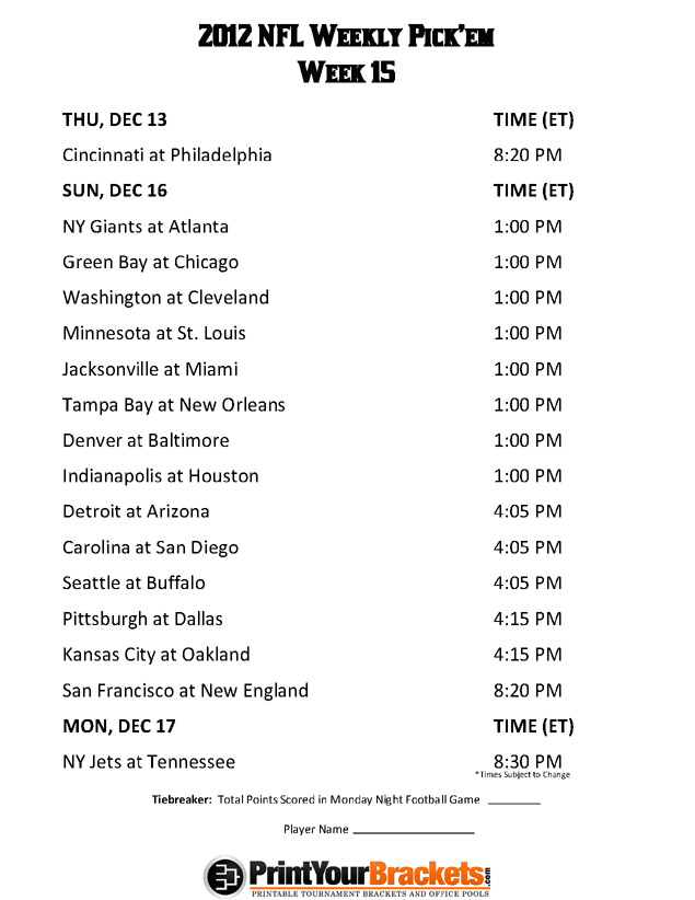 Printable Week 15 Office Pool Schedule