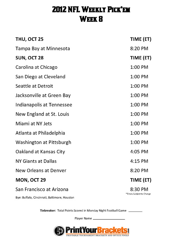 Printable Week 8 NFL Office Pool Schedule
