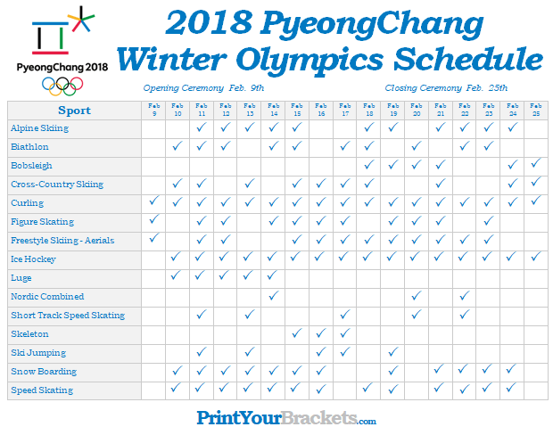 Printable Winter Olympic Schedule 2018 - PyeongChang Games