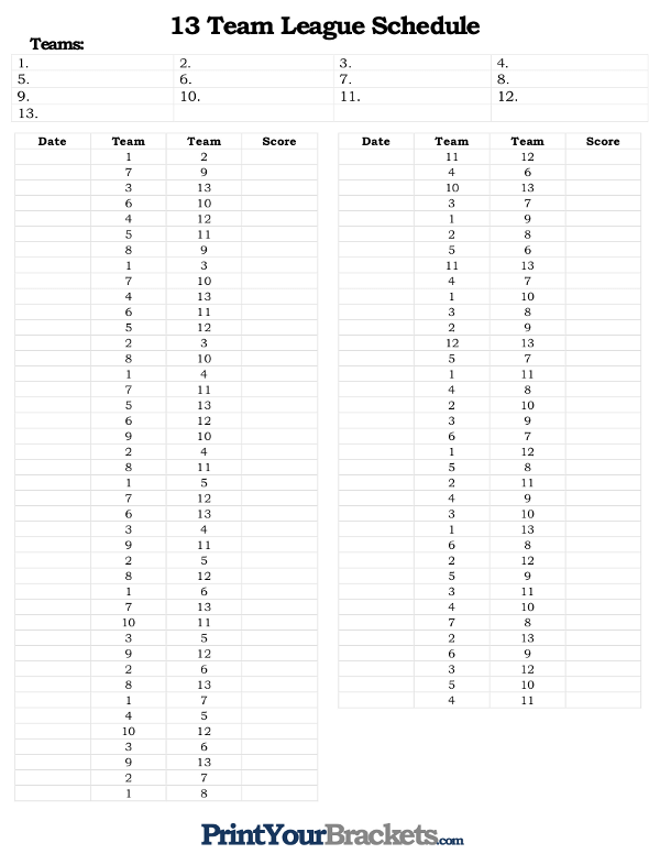 Printable 13 Team and Player League Schedule
