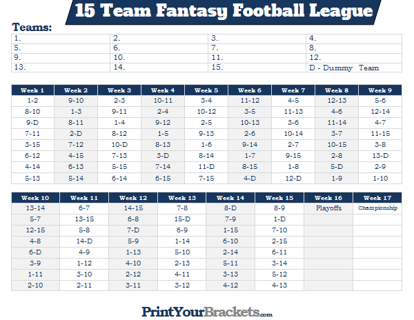 Printable 15 Team Fantasy Football League Schedule