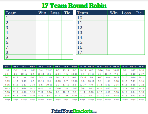 17 Player Round Robin Tournament Schedule with Column for Ties