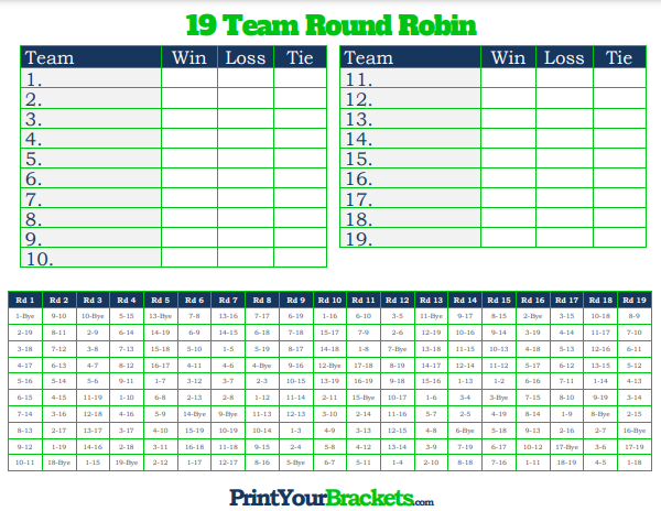 19 Player Round Robin Tournament Schedule with Column for Ties