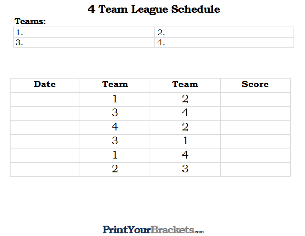 Printable 4 Team and Player League Schedule