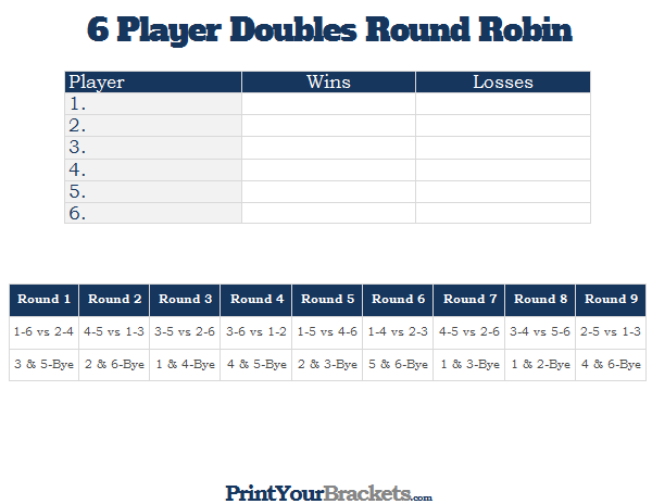 Printable 6 Player Switch Doubles Round Robin Tournament