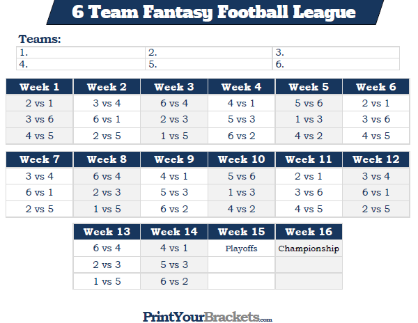 Printable 6 Team Fantasy Football League Schedule