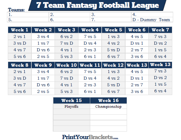Printable 7 Team Fantasy Football League Schedule