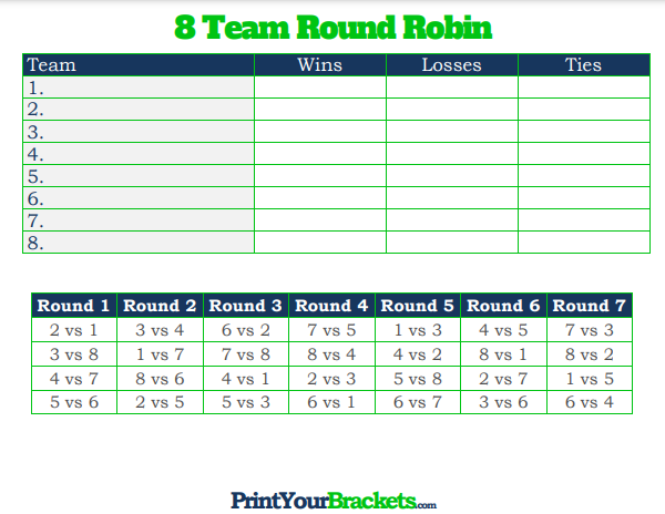 8 Player Round Robin Tournament Schedule with Column for Ties