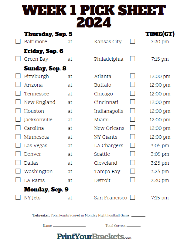 Central Time Week 1 NFL Schedule 2023 - Printable