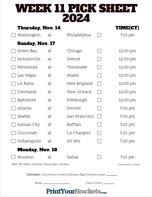 Central Time Week 11 NFL Schedule - Printable