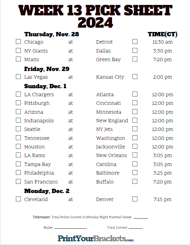 Central Time Week 13 NFL Schedule 2024 Printable